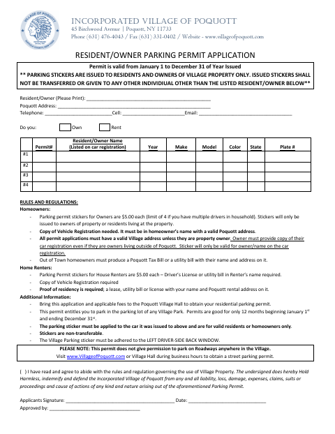 First page of the Resident/Owner Parking Permit Application