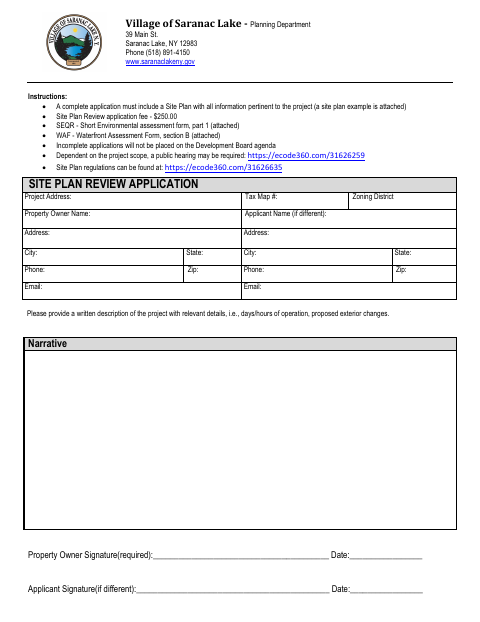 First page of the Site Plan Review Application