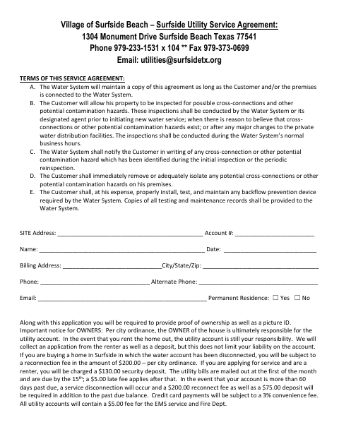 First page of the Utility Service Agreement