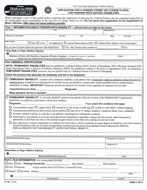 First page of the Application for a Parking Permit for Persons With Severe Disabilities