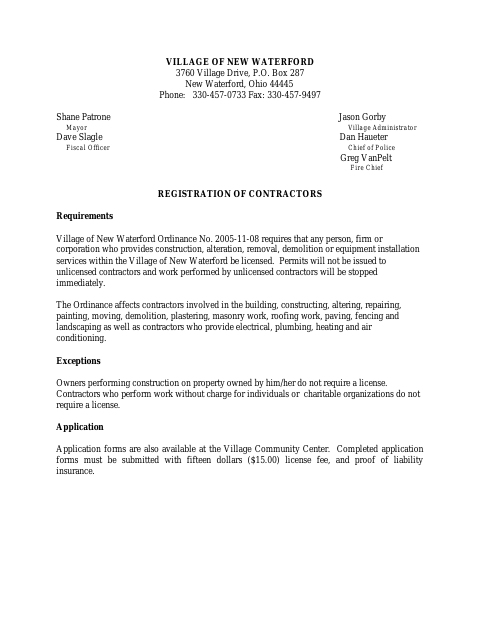 First page of the Registration of Contractors