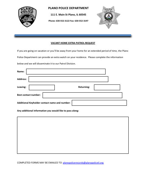 First page of the Vacant Home Extra Patrol Request