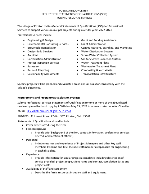 First page of the Request for Statements of Qualifications for Professional Services