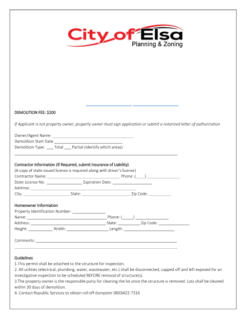 First page of the Demolition Permit Application