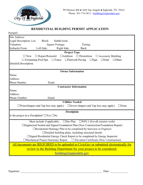 First page of the Residential Building Permit Application
