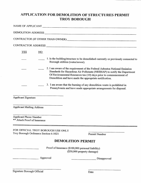First page of the Application for Demolition of Structures Permit
