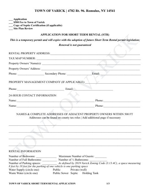 First page of the Short Term Rental Application