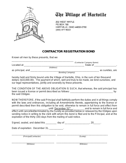 First page of the Contractor Registration Bond