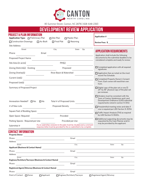 First page of the Development Review Application