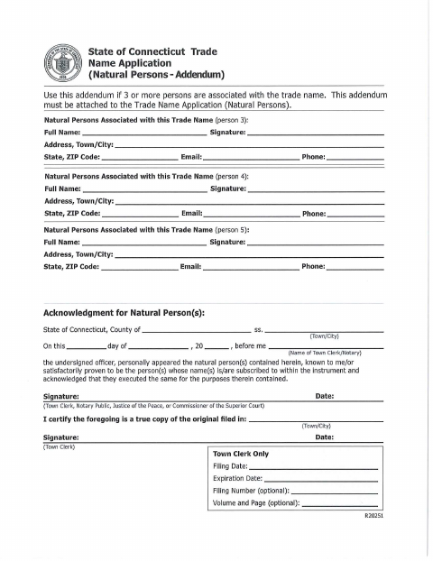 First page of the Trade Name Application Natural Persons Addendum