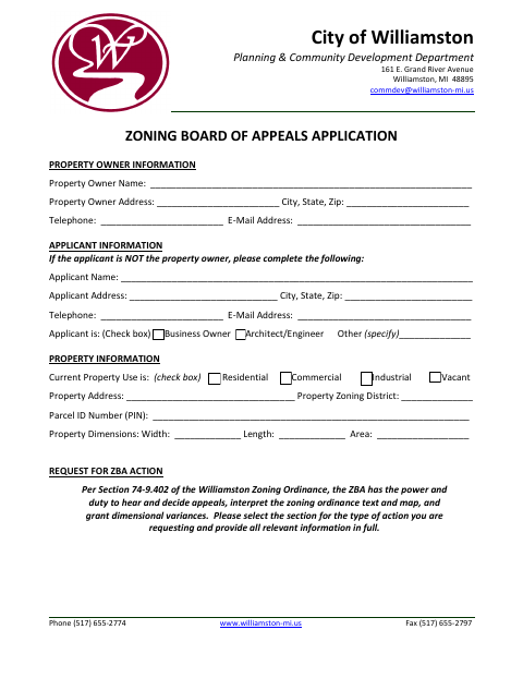 First page of the Zoning Board of Appeals Application