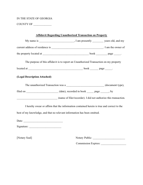 First page of the Affidavit Regarding Unauthorized Transaction on Property