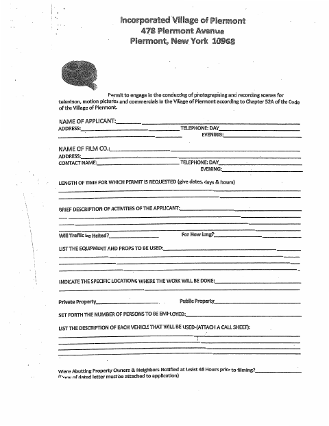 First page of the Filming Application