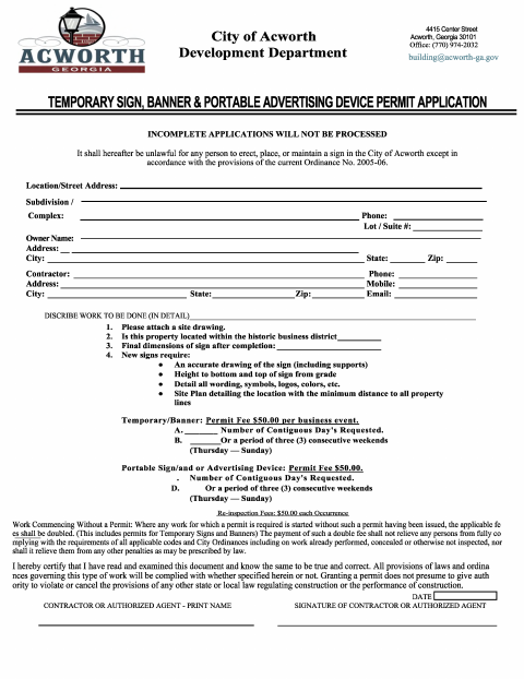 First page of the Temporary Sign, Banner & Portable Advertising Device Permit Application