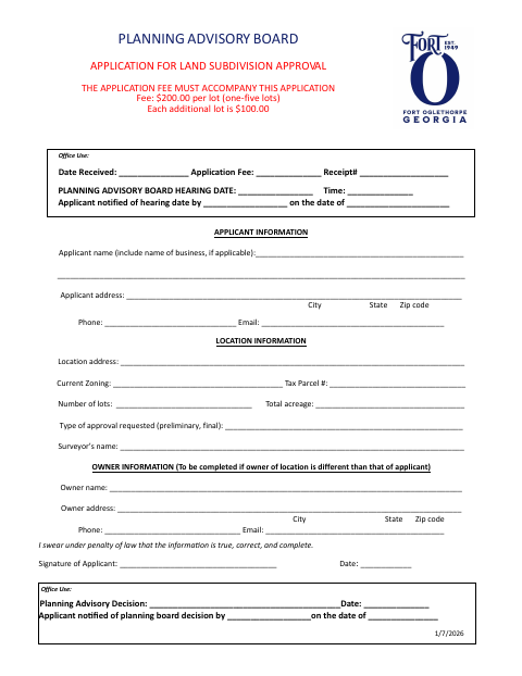 First page of the Land Subdivision Approval Application