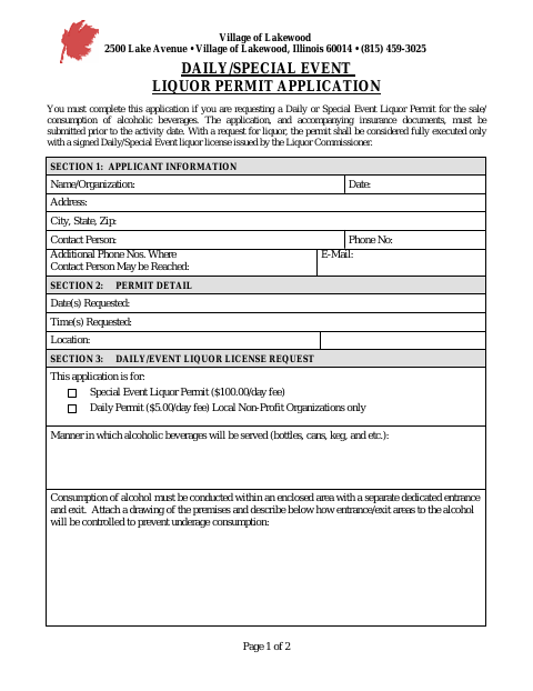 First page of the Daily/Special Event Liquor Permit Application