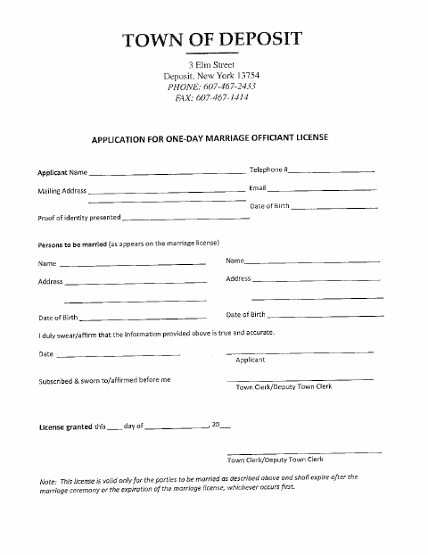 First page of the Application for One-Day Marriage Officiant License