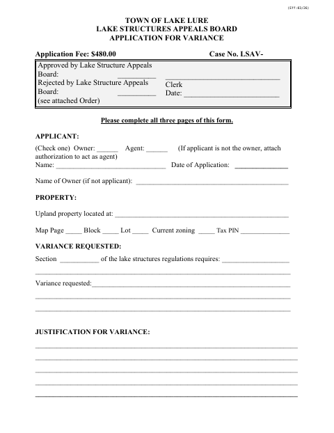 First page of the Lake Structures Appeals Board Application for Variance