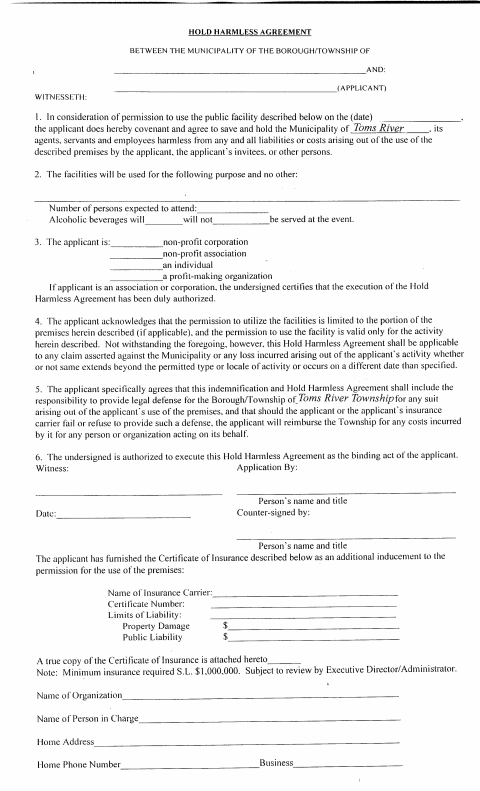First page of the Hold Harmless Agreement