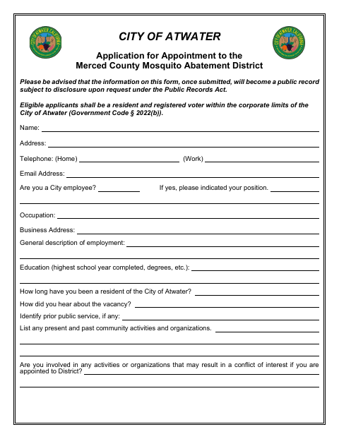 First page of the Application for Appointment to the Merced County Mosquito Abatement District