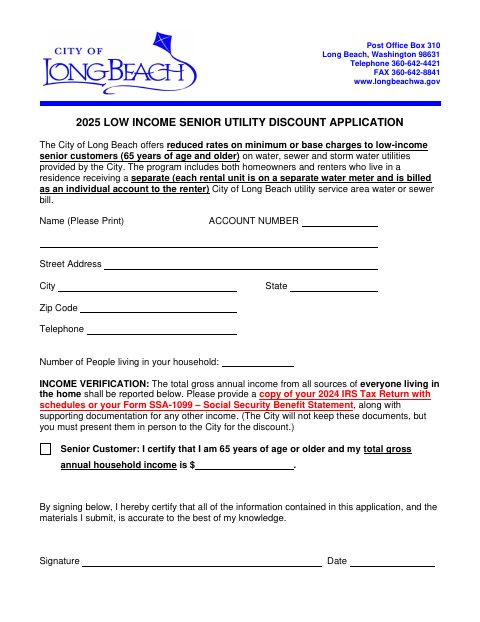 First page of the Low Income Senior Utility Discount Application