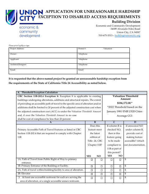 First page of the Unreasonable Hardship Exception to Disabled Access Requirements Application