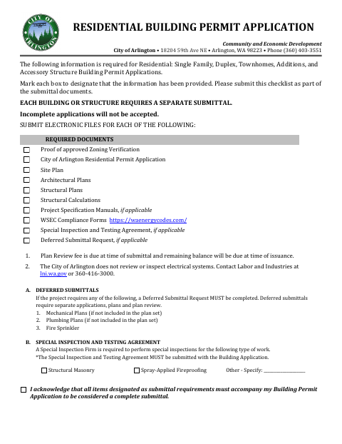 First page of the Residential Building Permit Application