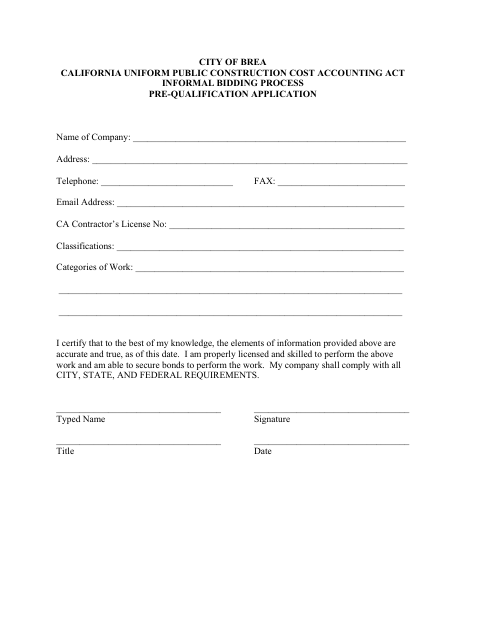 First page of the Pre-Qualification Application
