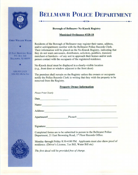 First page of the No-Knock Registry