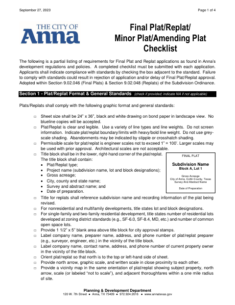 First page of the Final Plat/Replat/Minor Plat/Amending Plat Checklist