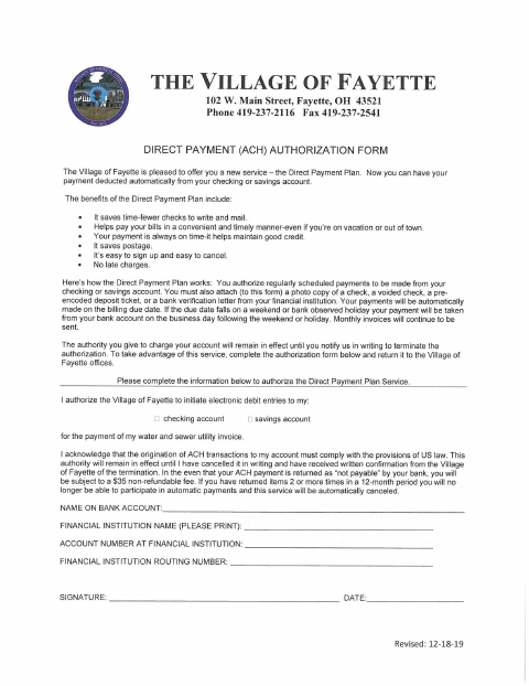 First page of the Direct Payment ACH Authorization Form