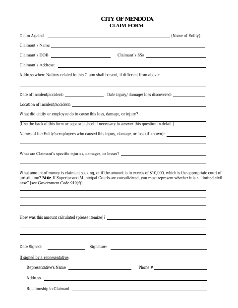 First page of the Claim Form