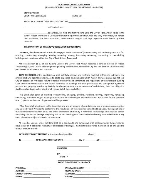 First page of the Building Contractor’s Bond Form $15,000