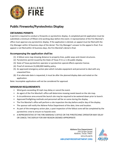 First page of the Public Fireworks/Pyrotechnics Display Application