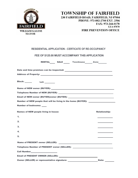 First page of the Residential Application for Certificate of Re-Occupancy