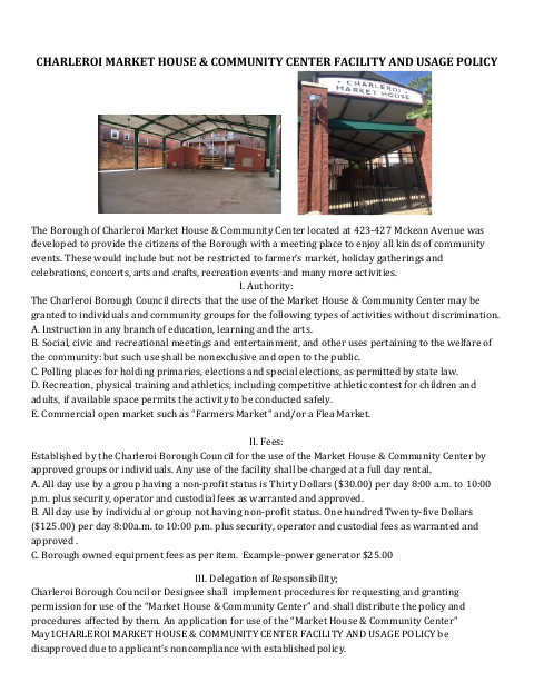 First page of the Market House and Community Center Use Application