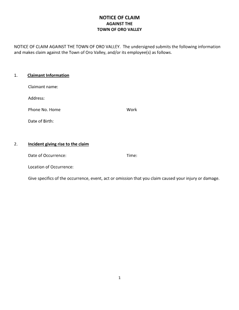 First page of the Notice of Claim Against the Town of Oro Valley