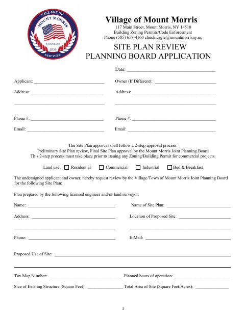First page of the Site Plan Review Planning Board Application
