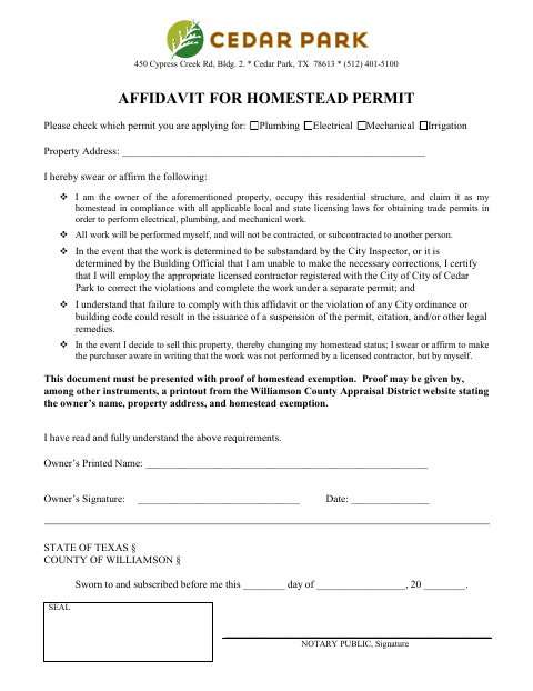 First page of the Affidavit for Homestead Permit