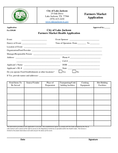 First page of the Farmers Market Application