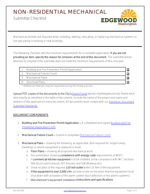 First page of the Non-Residential Mechanical Submittal Checklist