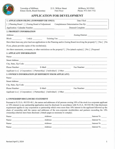 First page of the Zoning Board of Adjustment Application