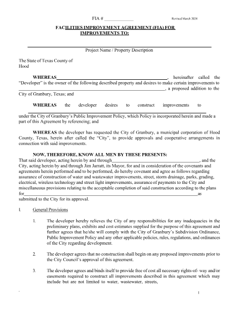 First page of the Facilities Improvement Agreement