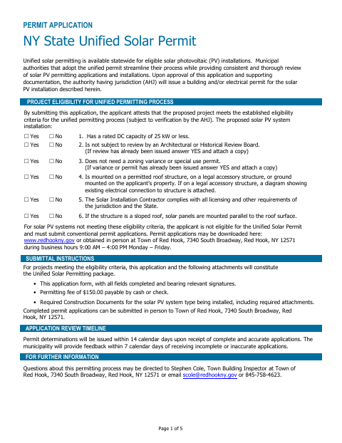 First page of the NY State Unified Solar Permit Application
