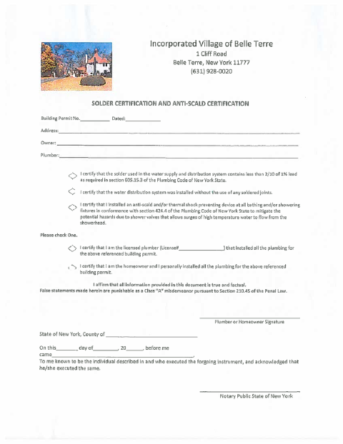 First page of the Solder Certification and Anti-Scald Certification