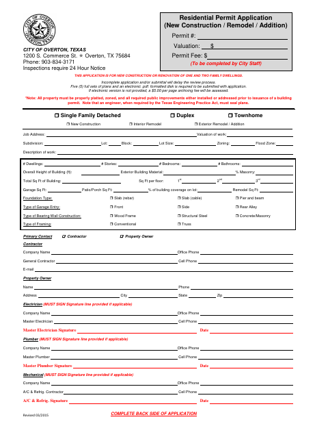 First page of the Residential Permit Application (New Construction / Remodel / Addition)