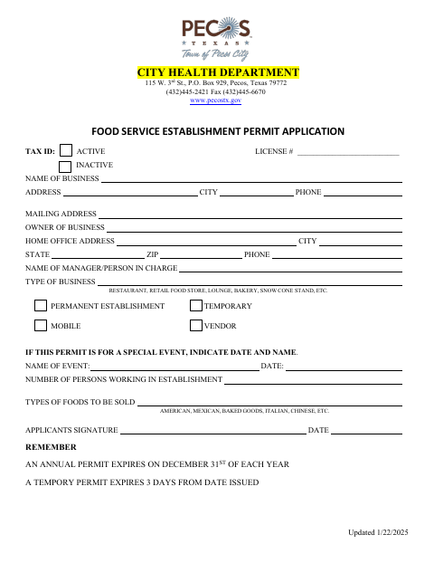 First page of the Food Service Establishment Permit Application