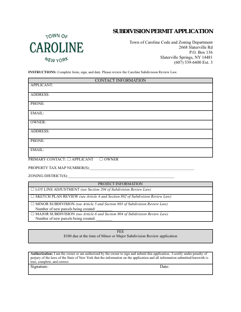 First page of the Subdivision Permit Application
