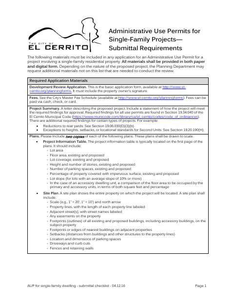 First page of the Administrative Use Permits for Single-Family Projects—Submittal Requirements