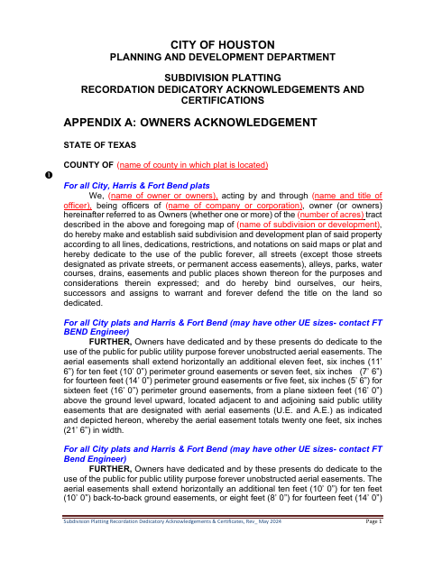 First page of the Subdivision Plat Dedicatory Acknowledgments and Certifications